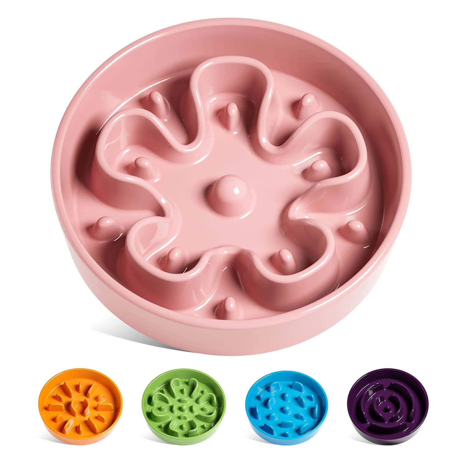 LE TAUCI Dog Bowls Slow Feeder, 1.5 Cup Ceramic, Puzzle Feeder for Fast Eaters, Pink Bloom