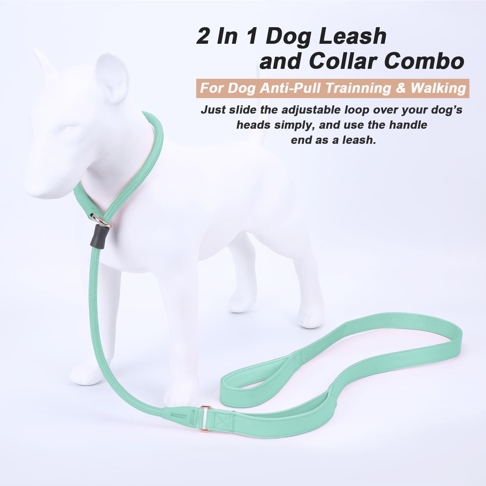 Aaufilux Slip Lead Dog Leash, Double Handle, Soft Leather, Heavy Duty Nylon, No Pull Walking, 5Ft Mint Green