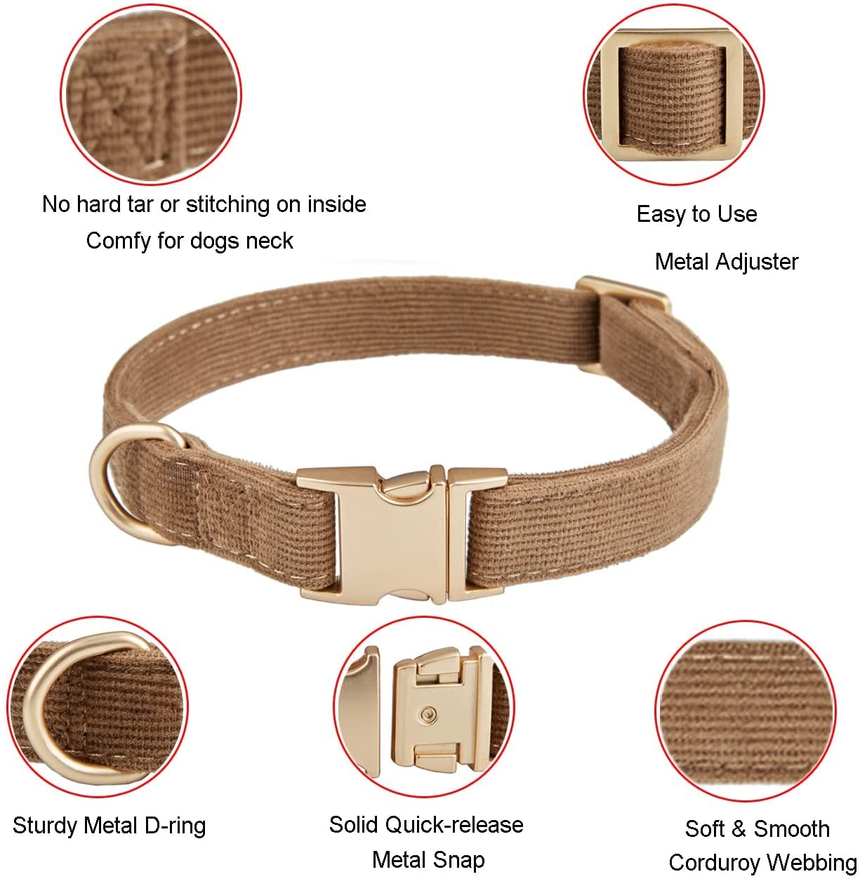 Petiry Soft Corduroy Fibric Dog Collar with High Grade Metal Buckle, for Small Dogs.(Brown,Small:10-15'')