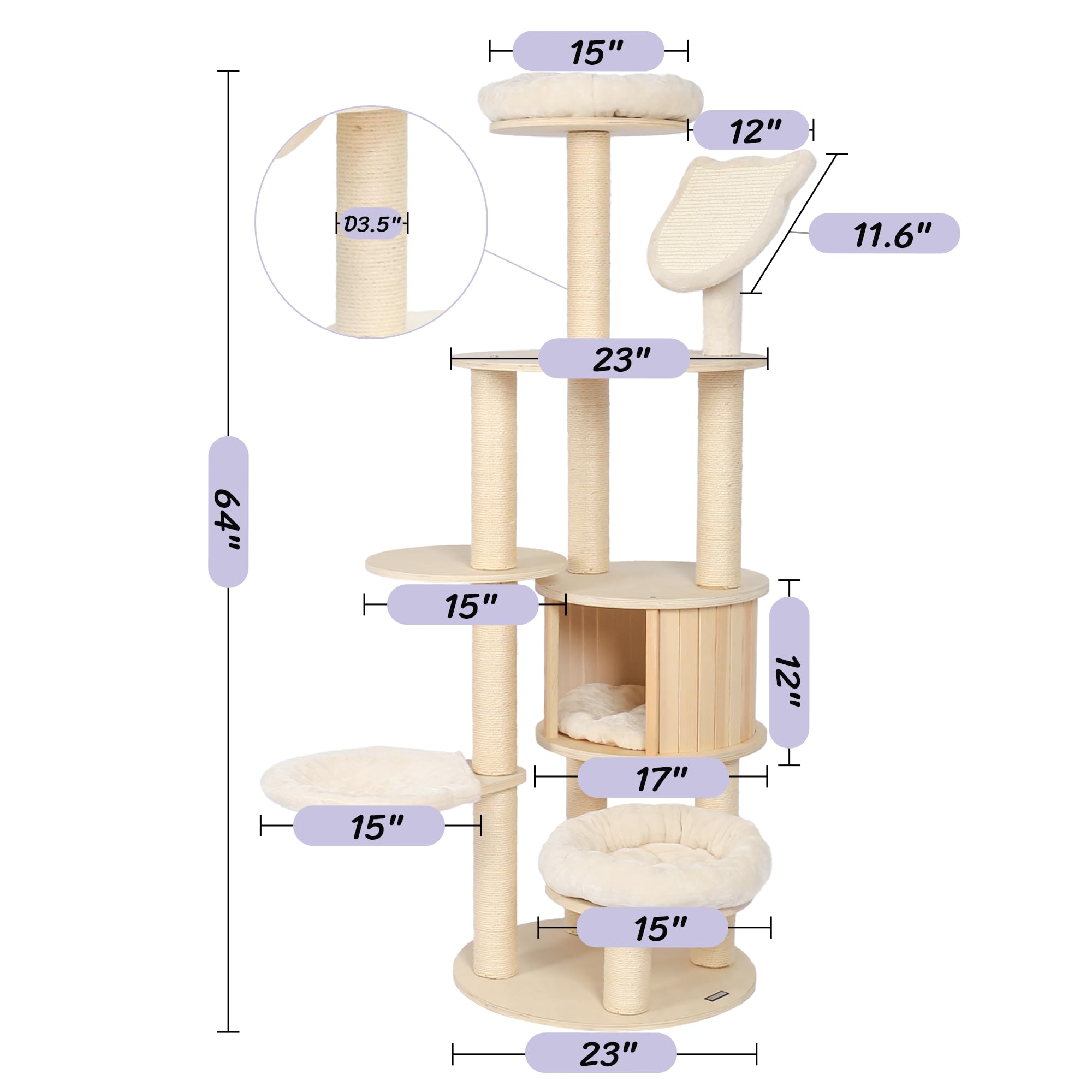 Kamaboko 64'' Tall Cat Tree - Wooden Cat Trees Tower With Cat Condo, Hammock & Top Perch, Modern Tall Cat Tree W/Natural Sisal P