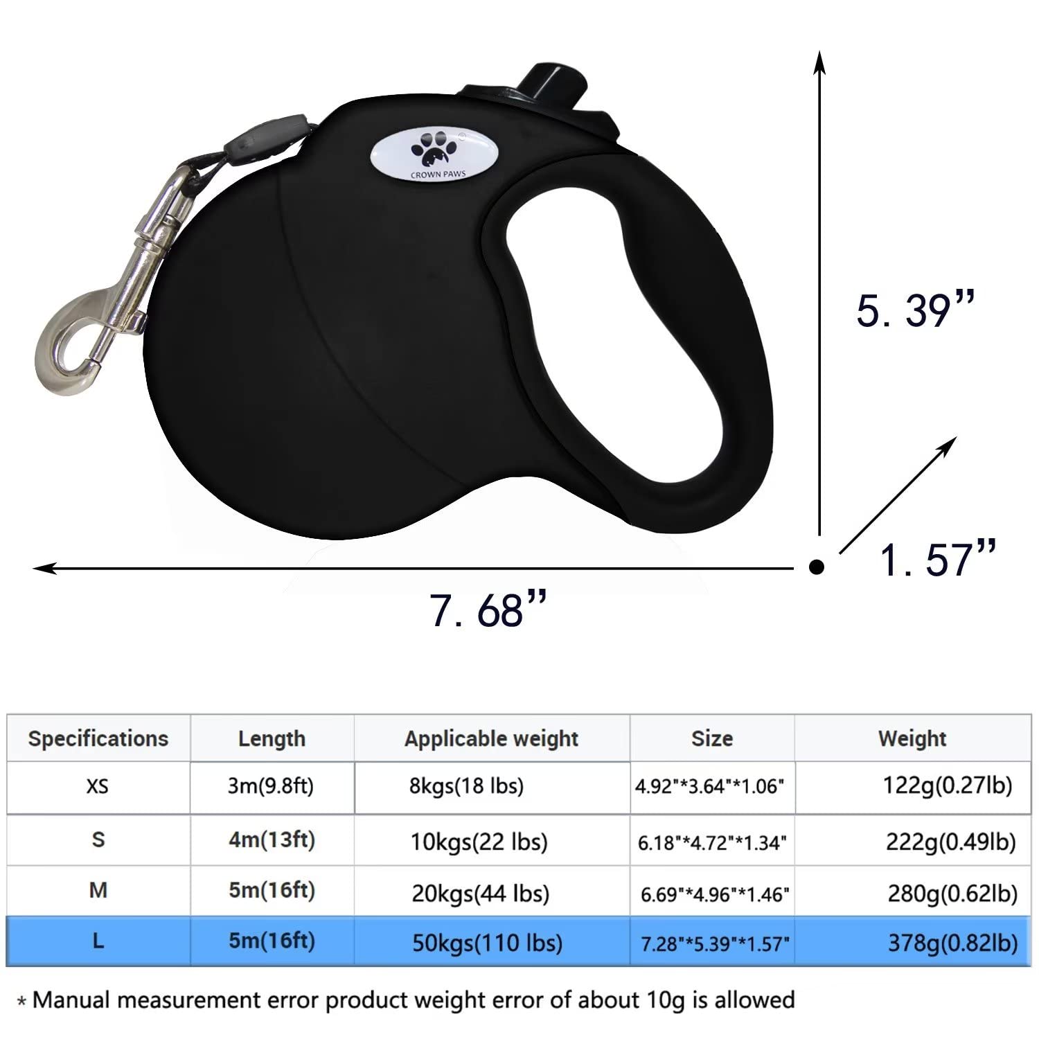 Crown Paws 16 Ft Retractable Dog Leash For Large Dogs Up To 110 Lbs,Tangle-Free Nylon Tape,Black Dan L