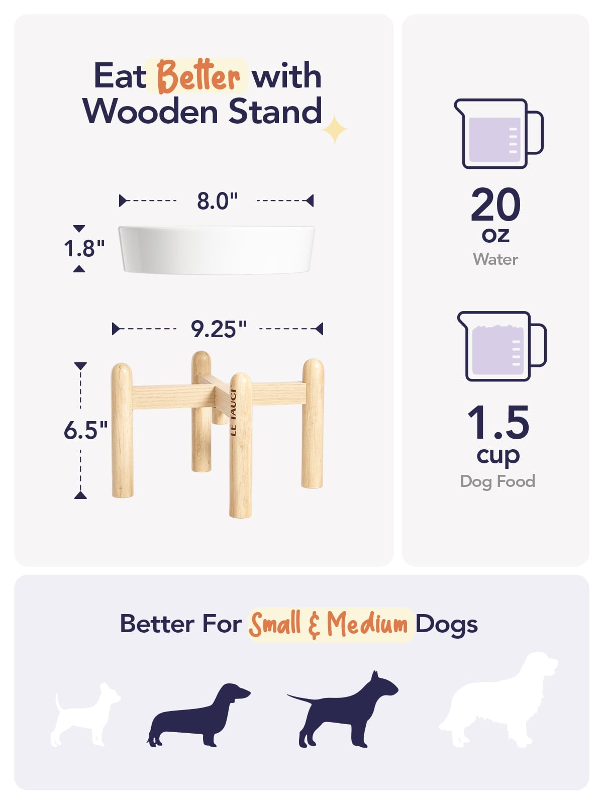 Le Tauci Ceramic Slow Feeder Dog Bowls Elevated, 1.5 Cups Raised Dog Bowl With Wooden Stand For Small Medium Breed, Dog Dishes T