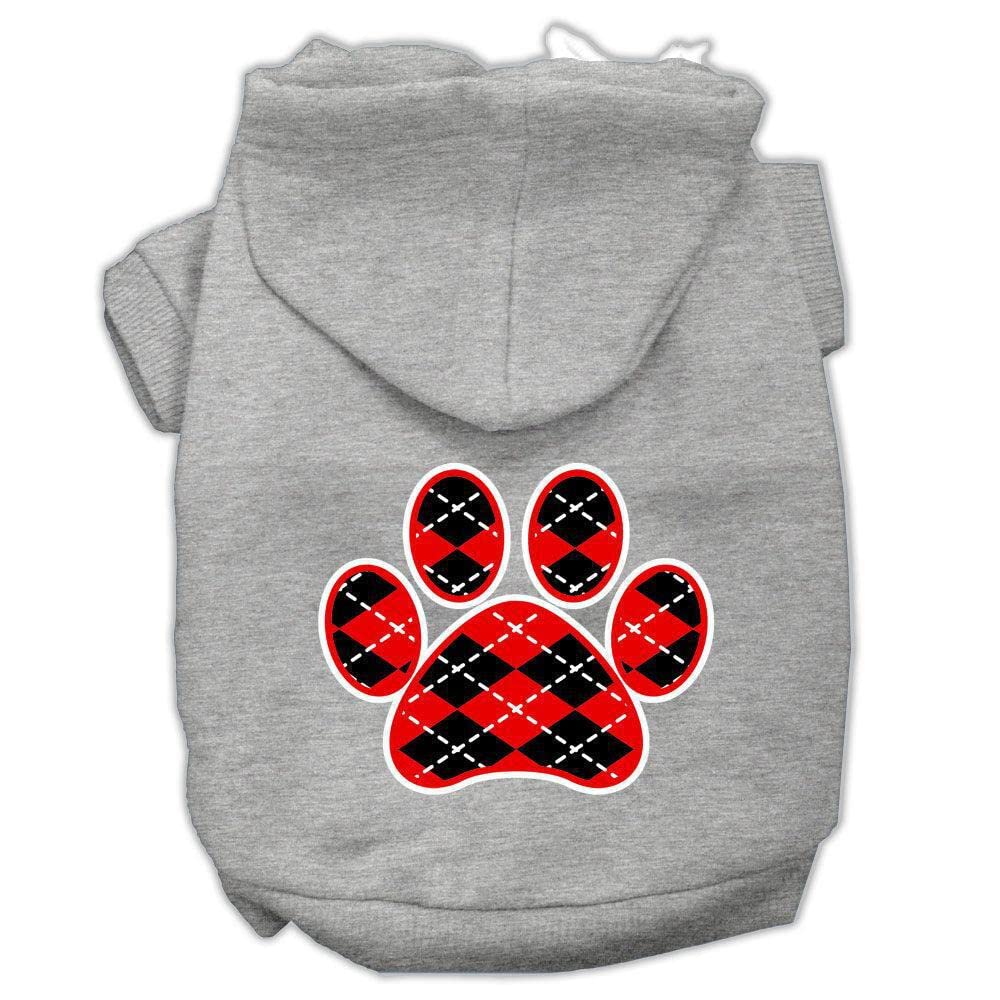 Pet Dog & Cat Hoodie Screen Printed, Red Argyle Paw Gray SM (3-6 lbs.)