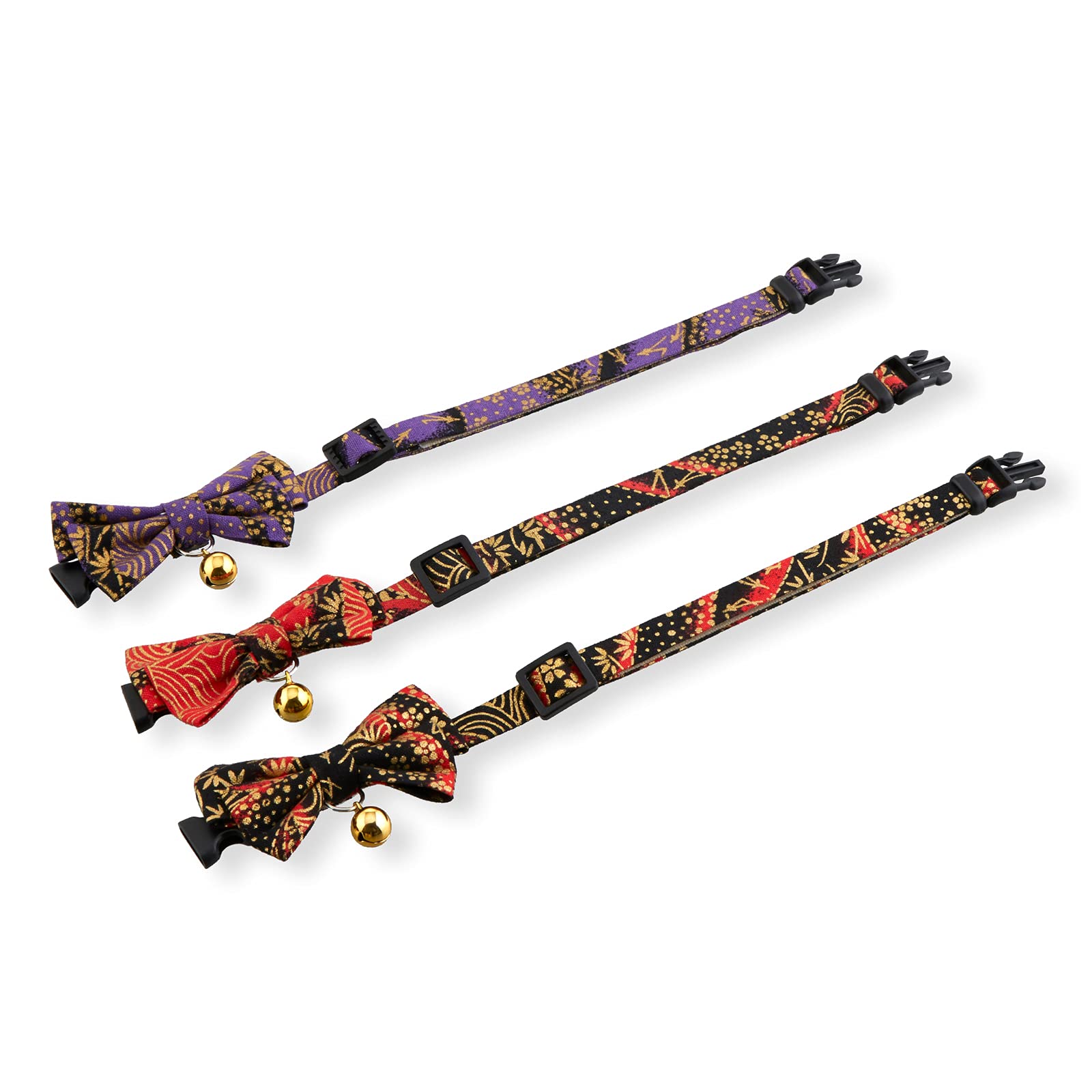 Gilded Gold Bow Tie Cat Collar (Black) With Bell Safety Breakaway Soft Lightweight For Cats Kitty Kitten Japanese Stylish Pattern, No.1 Seller In Japan