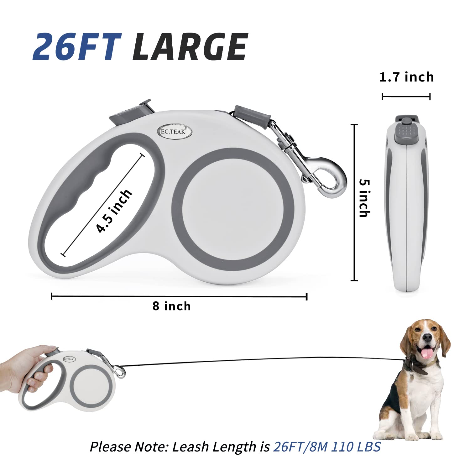 Ec.Teak Retractable Dog Leash 26 Ft, Heavy Duty Retractable Leash For Dogs Up To 110Lbs, Strong Nylon Tape No Tangle, One-Handed