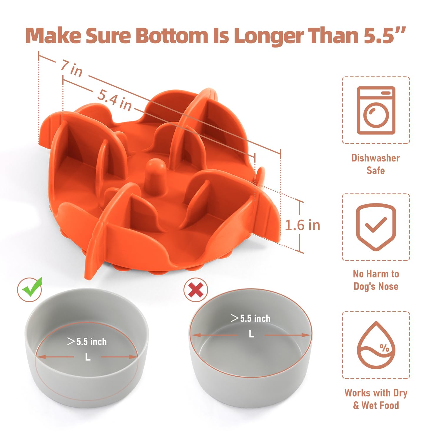 Jaoul Dog Bowl Slow Feeder X-Large 7 Inch Cuttable Slow Feeder Bowl Insert For Small Medium Large Size Dog Bowls (Orange)