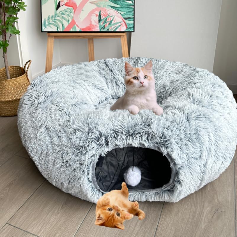 Mabaytir Cat Tunnel Bed For Indoor Cats Grey Plush, Collapsible Play Tube With Removable Cushion, Sturdy Cat Toy Playhouse, Soft
