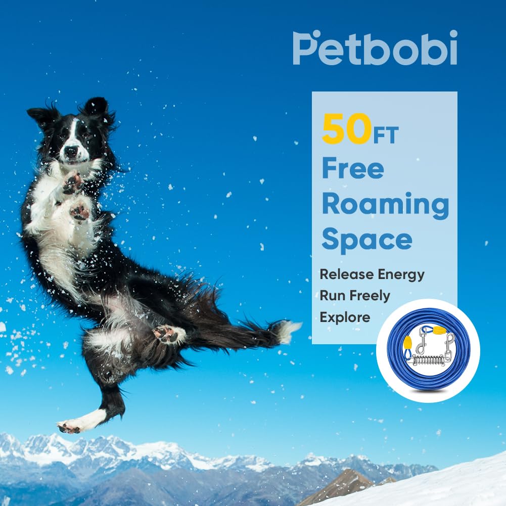 Petbobi Dog Tie-Out Cable 50Ft - Outdoor Leash Metal Cable With Shock Absorbing Spring 360 Swivel Clips, Chain For Dogs Yard Cam