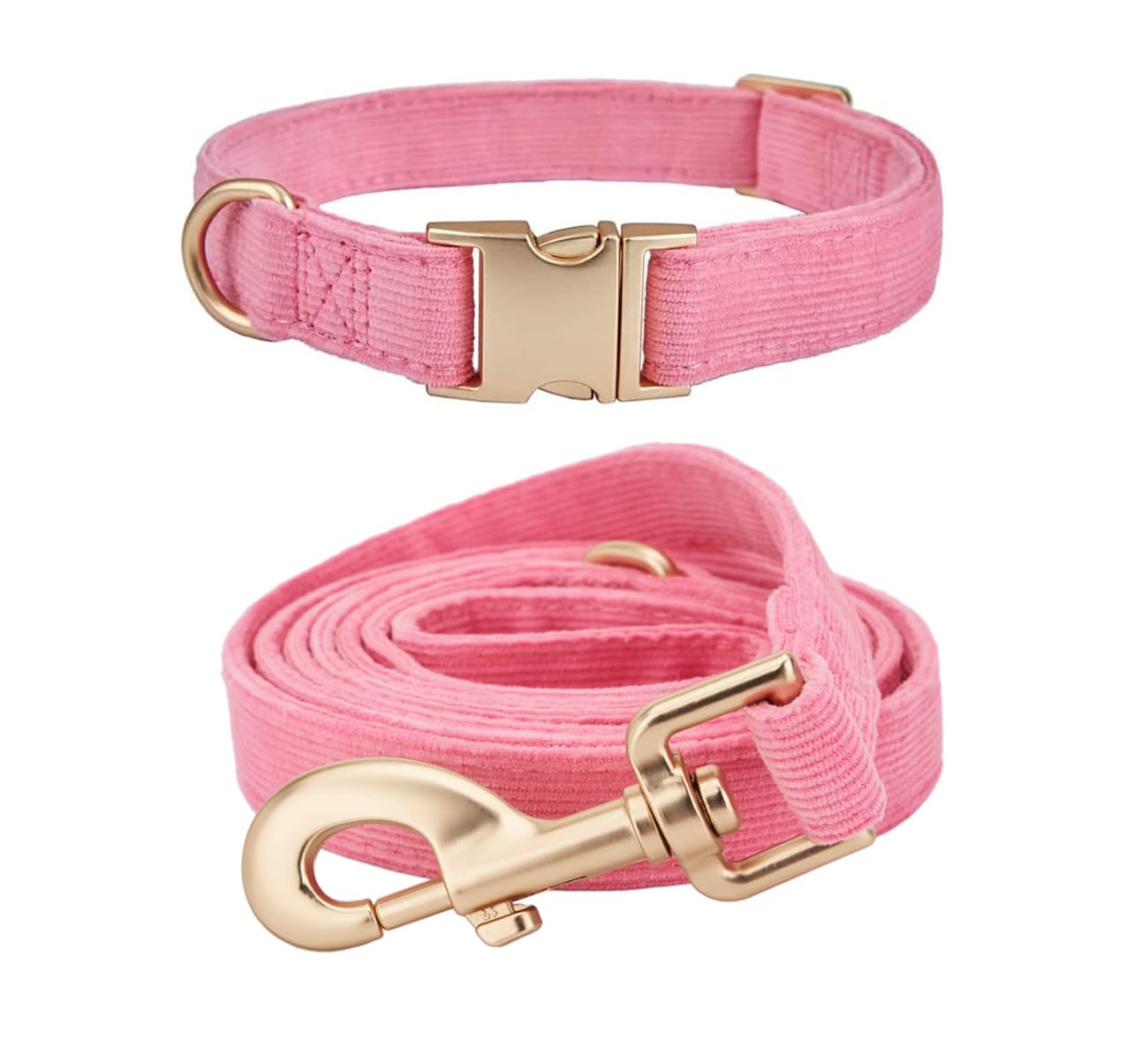 Ewinoom Soft Corduroy Dog Collar and Leash Set, Adjustable Cotton Dog Collars with Metal Buckle and Lead for Small Dogs,Hot Pink
