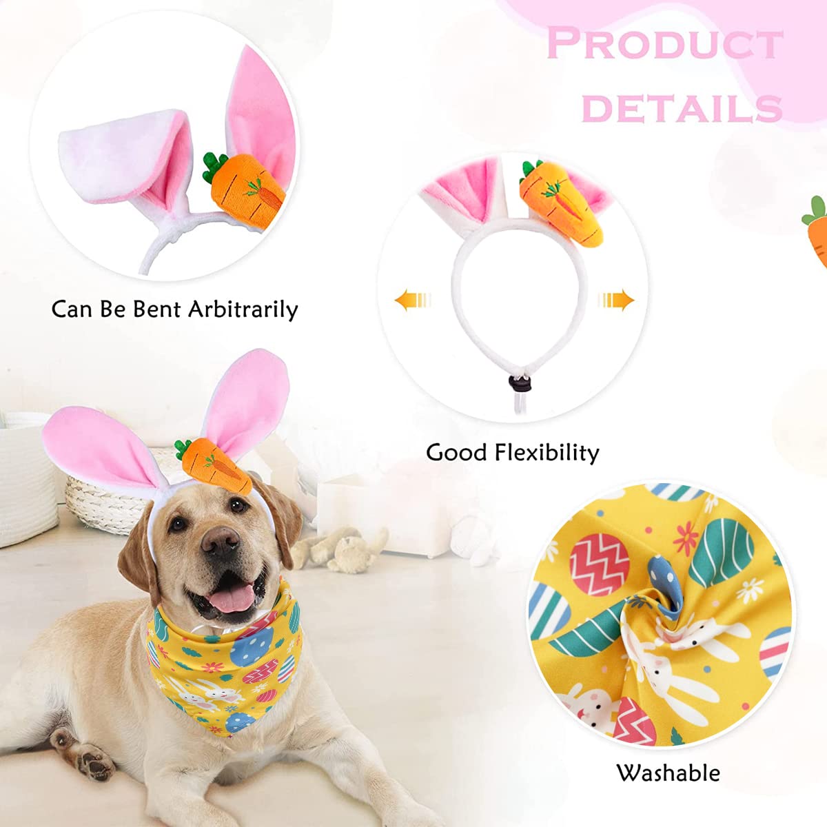 Dog Easter Bunny Costume, Pet Rabbit Ears Headband, Puppy Egg Bandana, Funny Carrot Dog Toy Set, Teeth Cleaning Chew Toys Gifts