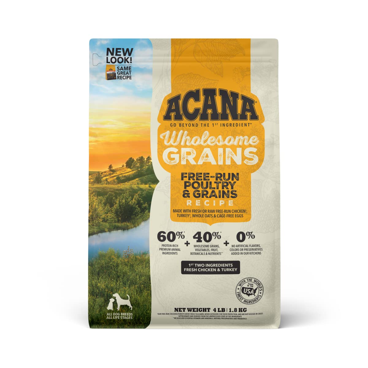 ACANA Wholesome Grains Dry Dog Food Free-Run Poultry & Grains Recipe with Cage-Free Eggs 4lb Bag