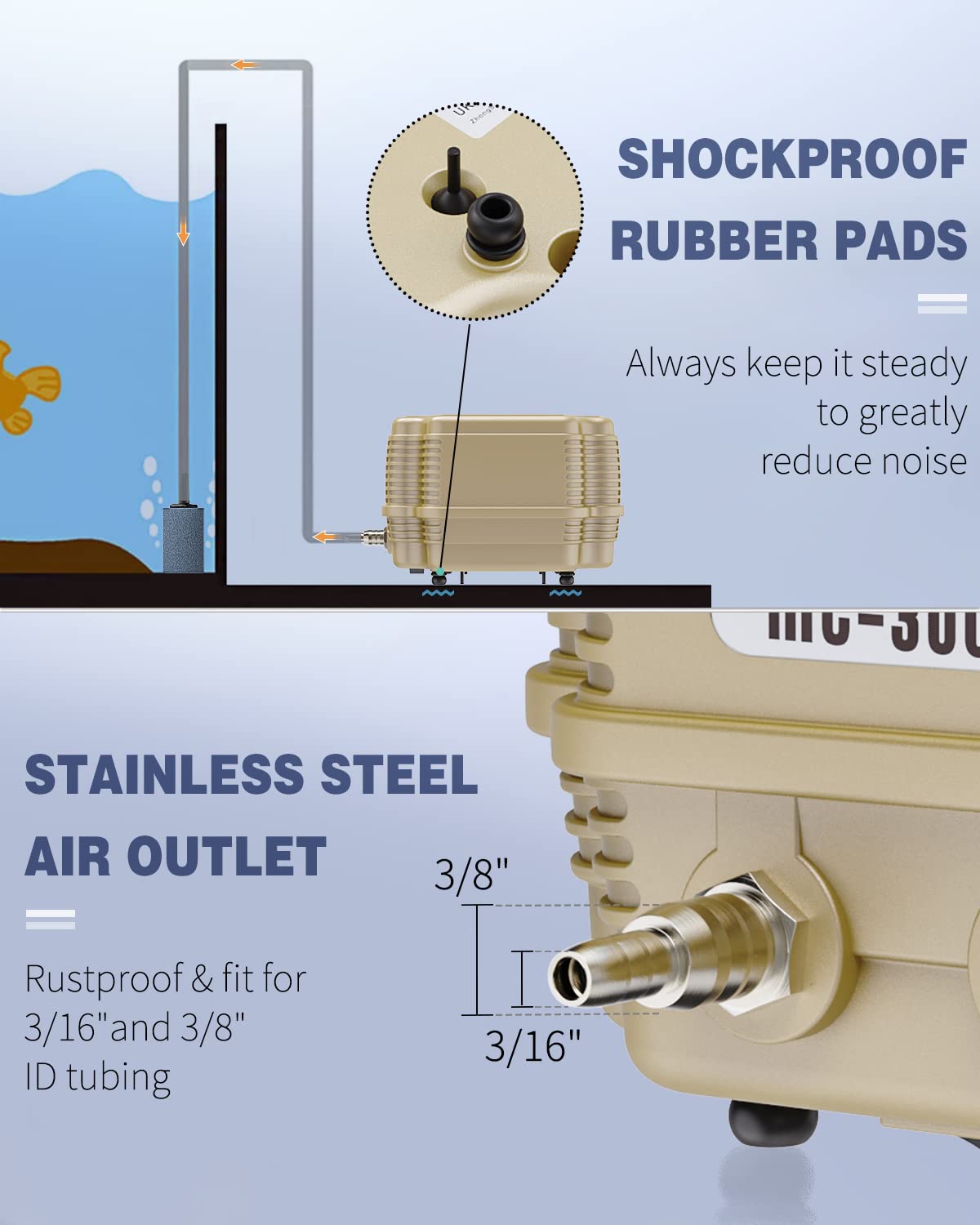 Pawfly 254 Gph Aquarium Air Pump Adjustable Quiet Oxygen Aerator Pump With Multi-Port Air Flow Control Lever Valve Splitter And Airline Tubing For Fish Tanks Ponds And Dwc Systems Up To 300 Gallons