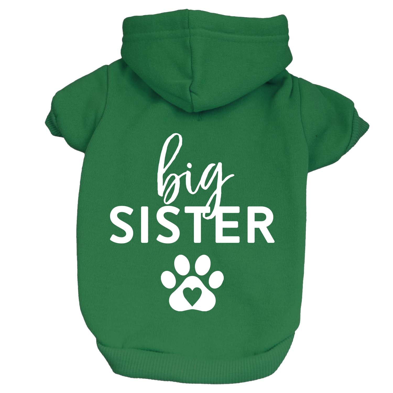 Big Sister Heart Paw Baby Announcement Dog Hoodie Fleece Lined Pullover Sweatshirt With Leash Hole (Green, 3X-Large 86)