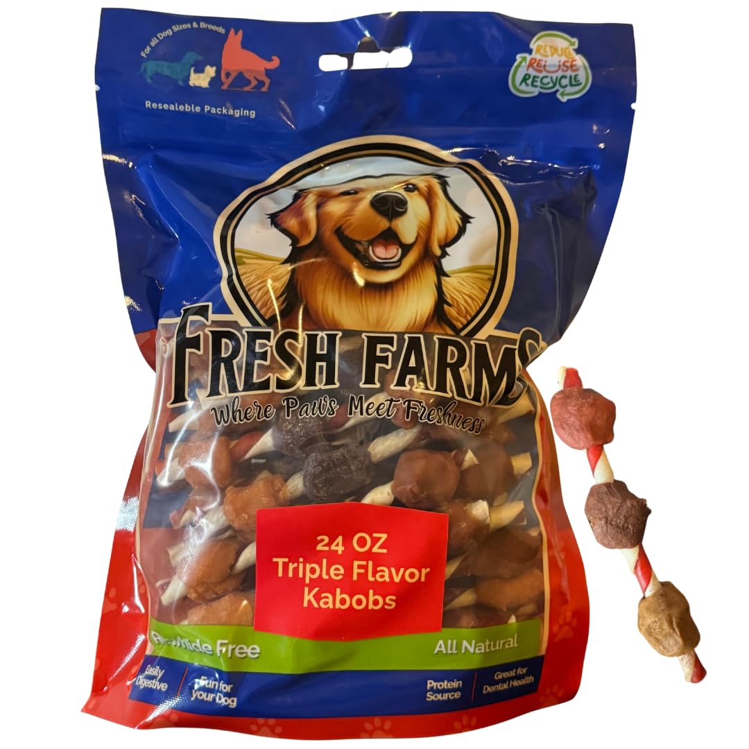 Fresh Farms Triple Flavor Kabobs - 24oz Rawhide Free Dog Treats Made with Pork Hide, Chicken, Duck & Chicken Liver - Tasty Dog C