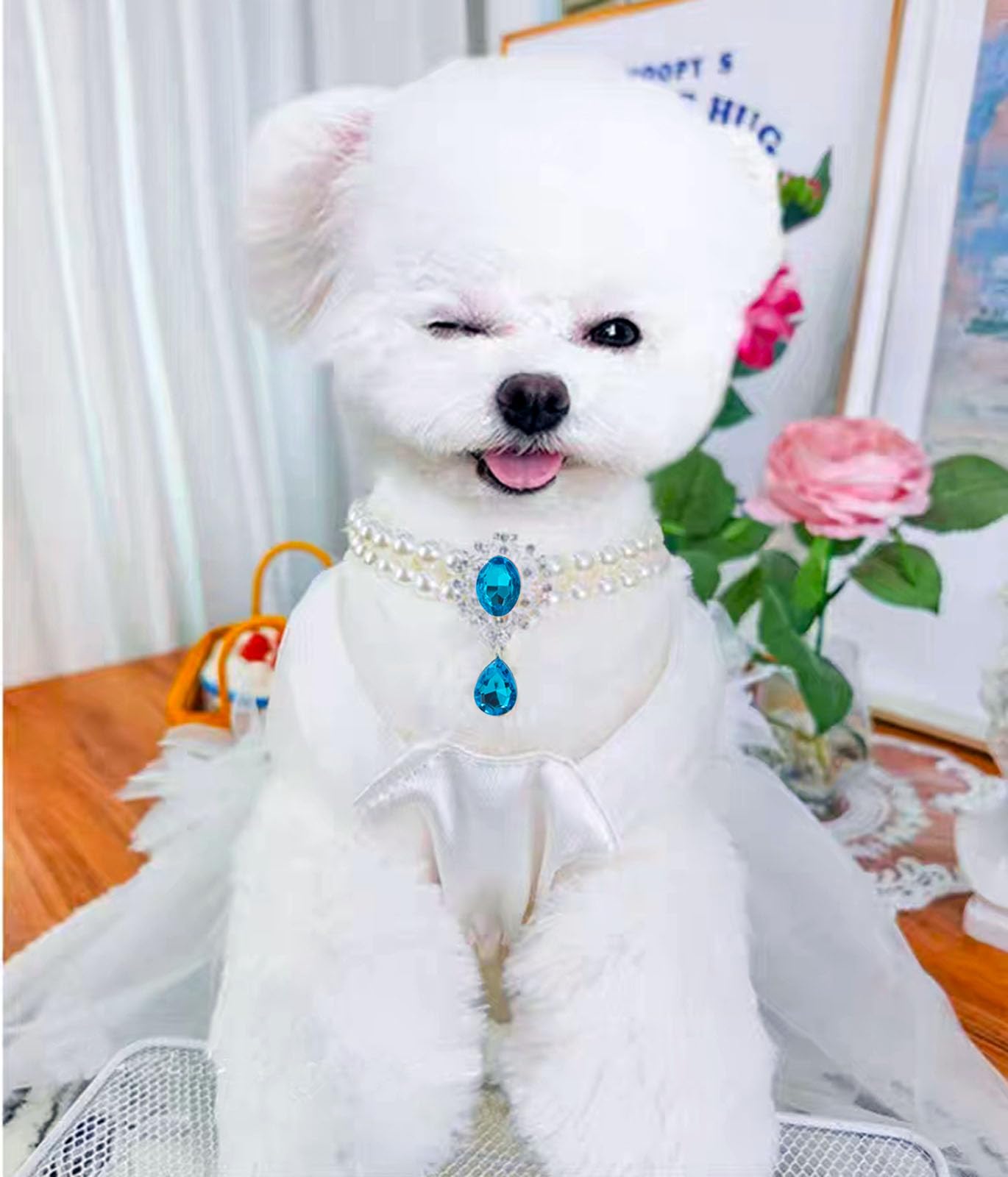 Daovace 2 Row Pearls Collar For Cats Pearl Dog Collar Rhinestone Necklaces For Small Dogs Collar Accessories Cat Pearl Collar (S
