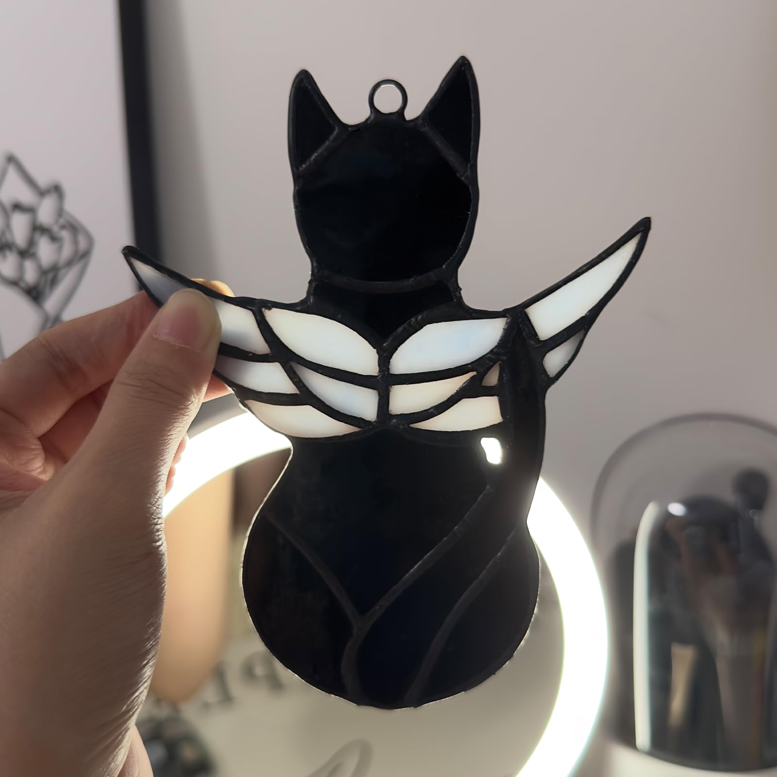 Fluffycaptain Handcrafted Stained Glass Black Angel Cat Suncatcher - Pet Memorial Gift With Colorful Wings, Cat Lovers Sympathy