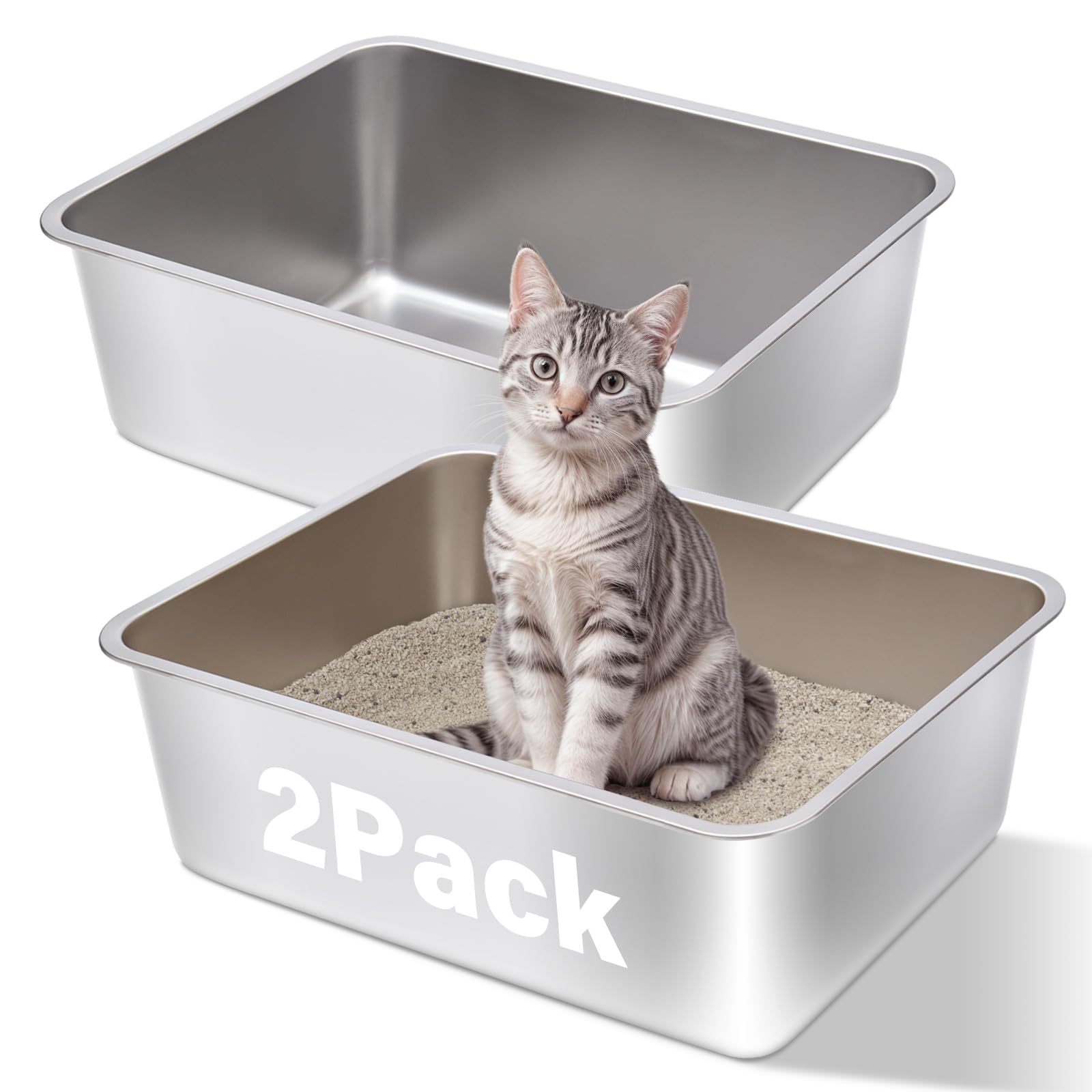 Stainless Steel Cat Litter Box 2Pack,Medium Metal Cat Litter Box,Steel Litterbox for Kitty or Rabbits, Easy to Clean,Non Stick, 