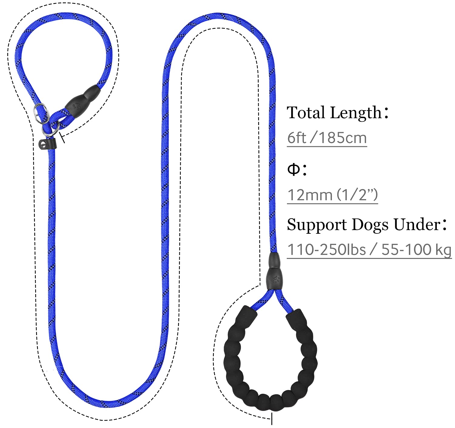Tagme Slip Leads For Dogs, 6 Ft Heavy Duty Dog Leash With Padded Handle, Strong Rope No Pull Pet Training Leash For Large Dogs,Navy Blue