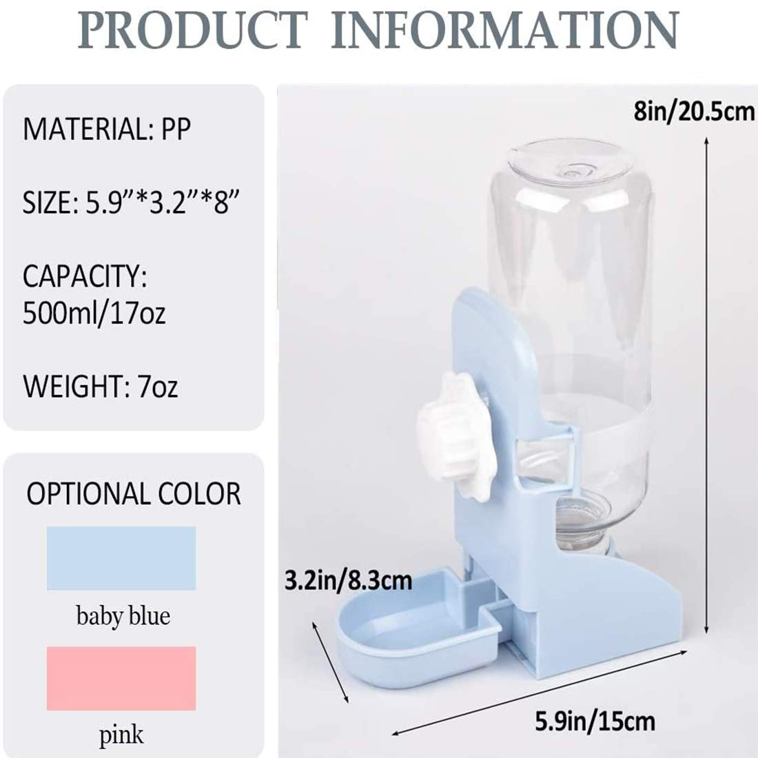 Kathson Rabbit Water Bottle, 17Oz Hanging Water Fountain Automatic Dispenser No Leak Waterfeeder For Bunny Chinchilla Guinea Pig Hedgehog Ferret