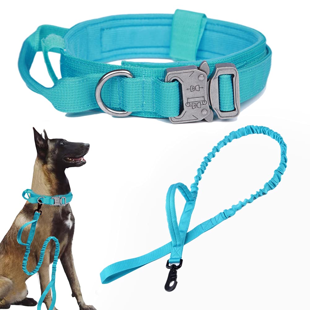 Tactical Dog Collar And Leash Set Tactical Dog Collar With Handle Bungee Leash Adjustable Military Training Nylon Collar Dog Training Collar Leash Set With Control Handleand Metal Buckle（Blue M