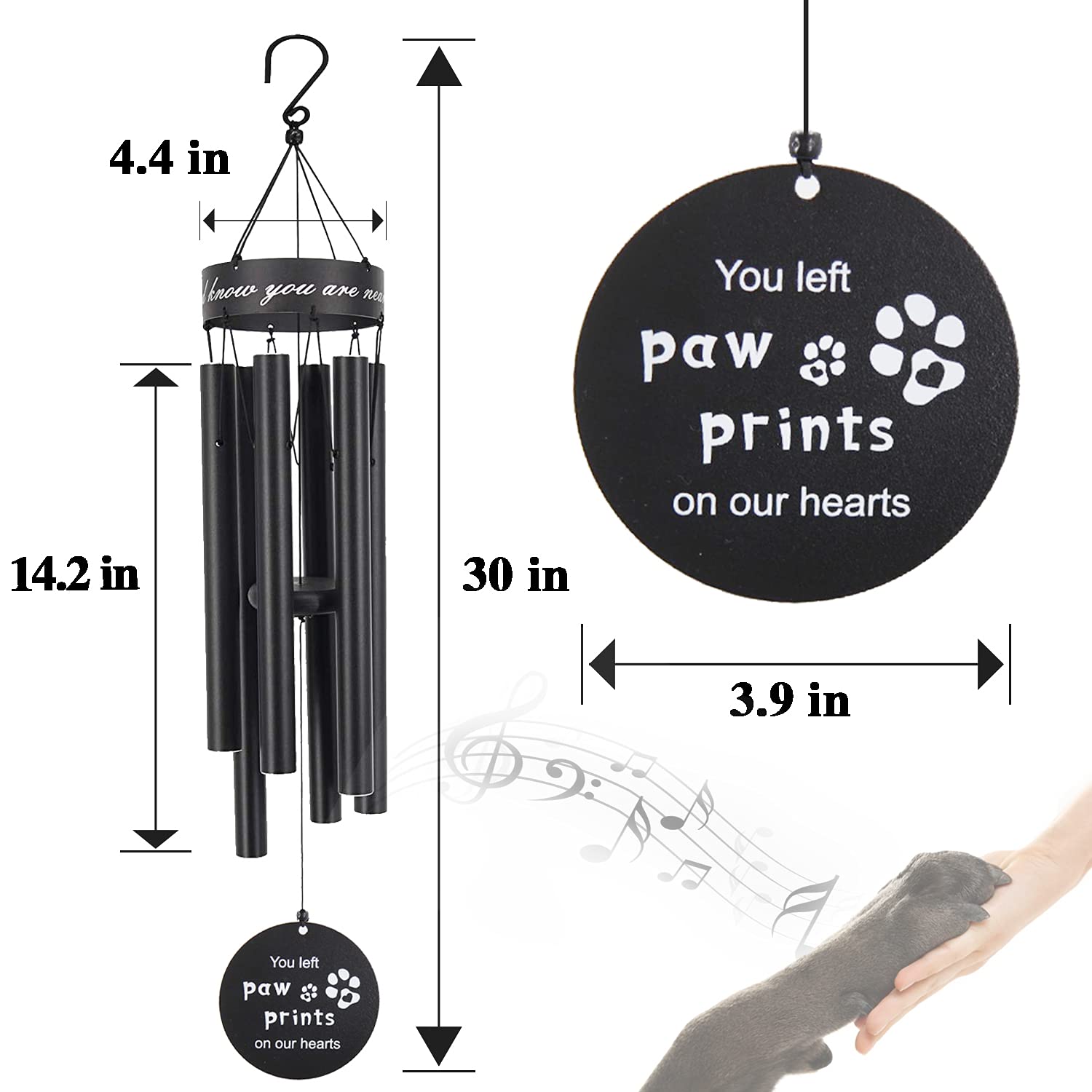 Pet Memorial Wind Chimes, 30 Inches Paw Print Pet Remembrance Gift to Honor and Remember a Dog, Cat, or Other Pet, Premium Metal
