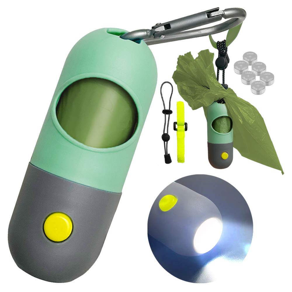 Dog Poop Bag Dispenser With Built-In Led Flashlight And Metal Clip For Leash, Pet Waste Bag Holder, Dog Walking Accessory, Mint 