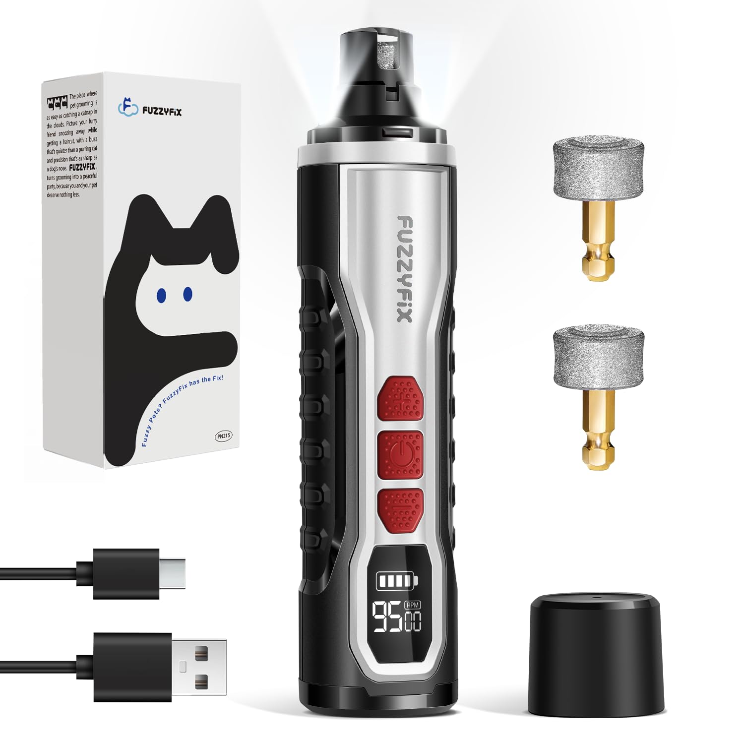 Fuzzyfix Dog Nail Grinder, Quiet Pet Nail Trimmer, Rechargeable Electric Dog Nail Trimmer, For Large Medium Small Dogs