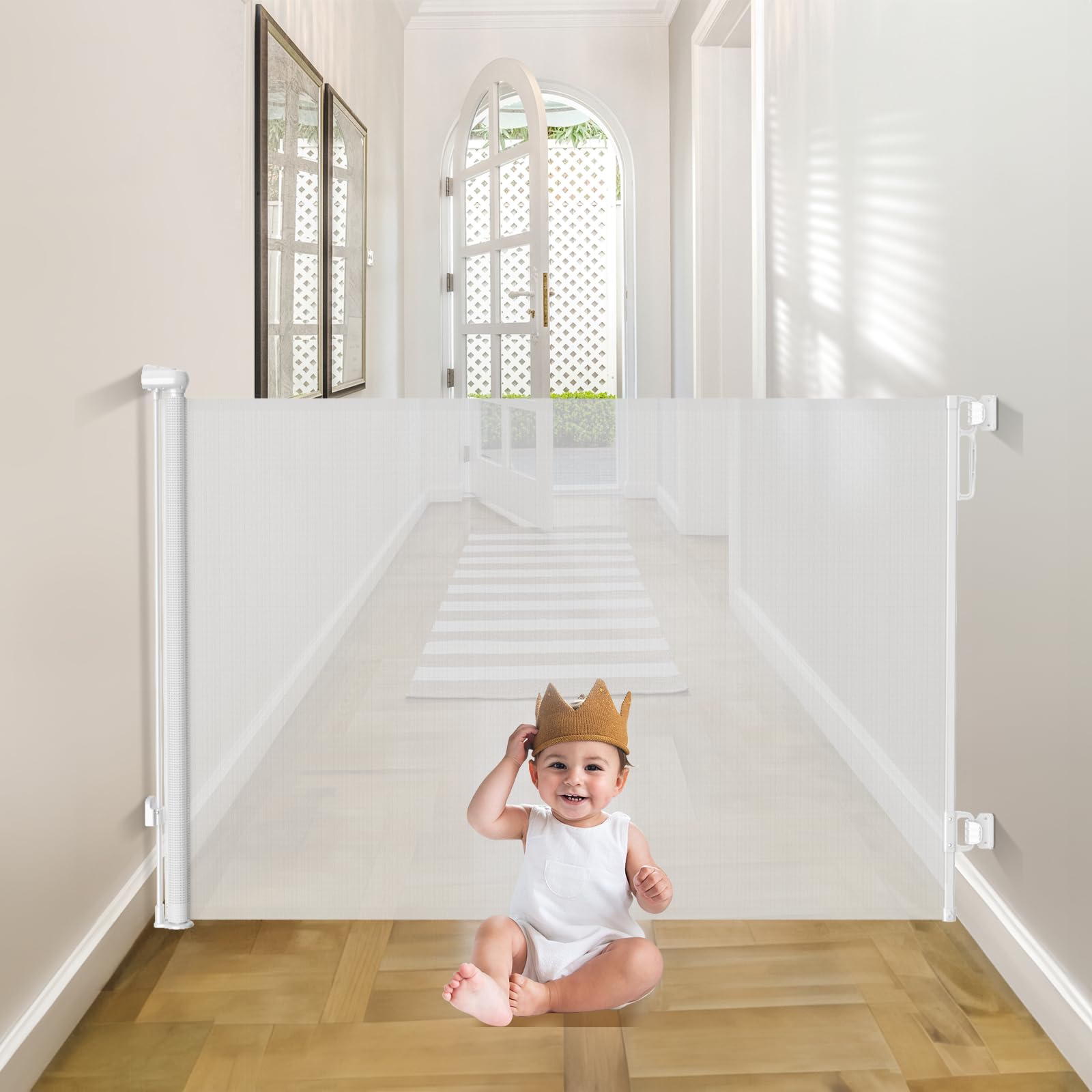 Babepai Retractable Baby Gates Extra Wide | 55 Wide x 38 Tall Dog Gates for Stairs | Indoor/Outdoor Use | Child Gates for Doorwa