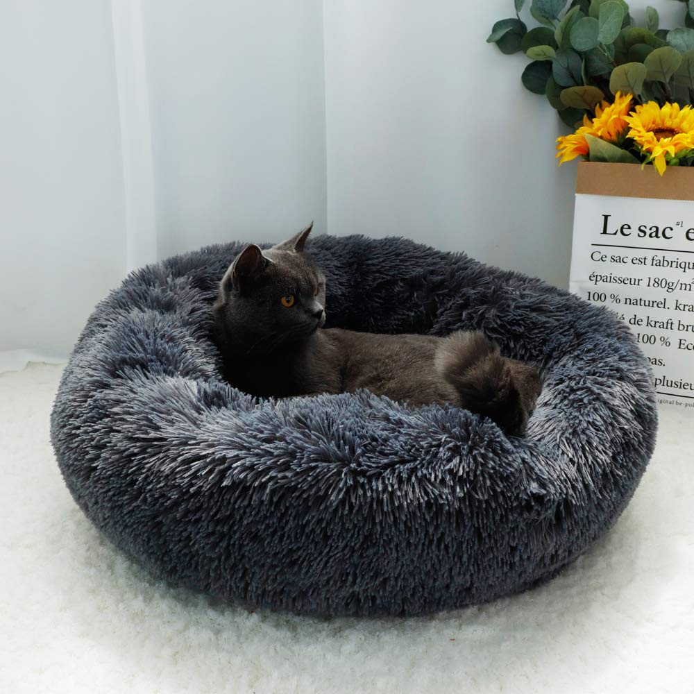 Otoez Round Donut Dog Bed For Small Dogs, Washable Cat Calming Bed Cuddler Anti Anxiety Fluffy Plush Dog Cat Bed With Non-Slip Waterproof Bottom (23.6', Dark Grey)