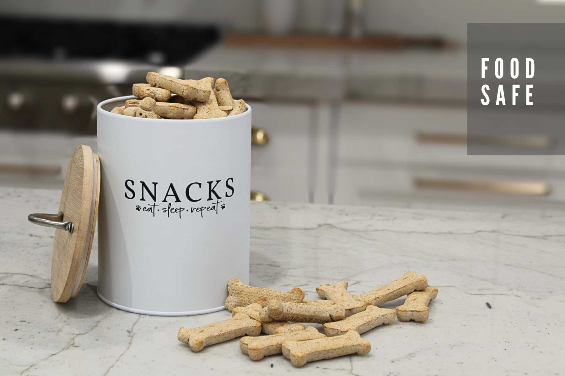 Simply Unleashed White Dog and Cat Treat Container with Easy to Open Bamboo Lid, 8.5 cups/ 70 fl oz.