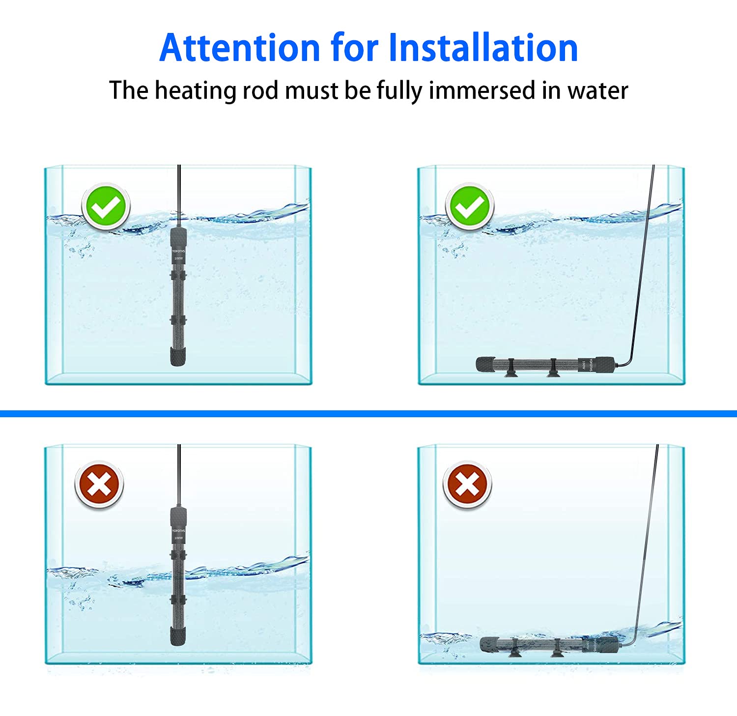 Yofoths Adjustable Mini Aquarium Heater 10-20 Gallons Submersible Small Fish Tank Heater 100W Digital Display Thermostat External Temperature Controller (100W)