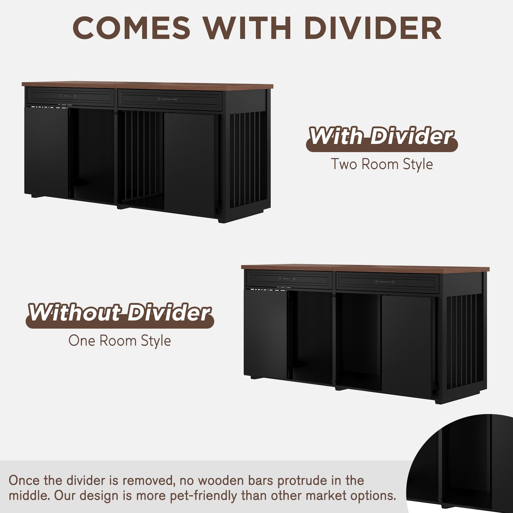 Furniture Style Dog Crate - Indoor Wooden Dog Kennel Furniture with 2 Drawers & Room Divider - 72 L x 23.6 W x 34 H - Black