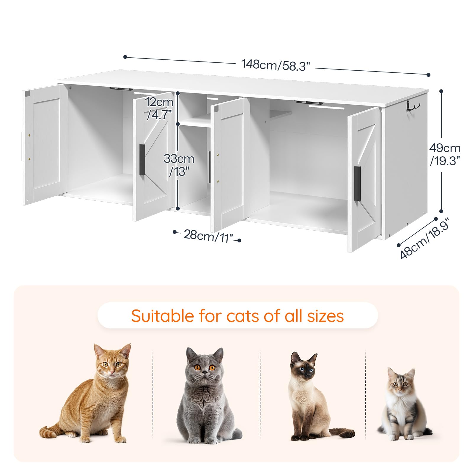 Hoobro 58.3'' Cat Litter Box Enclosure, Litter Box Furniture For 2 Cats, Cat House With Corridor, Tv Stand With Storage, Double