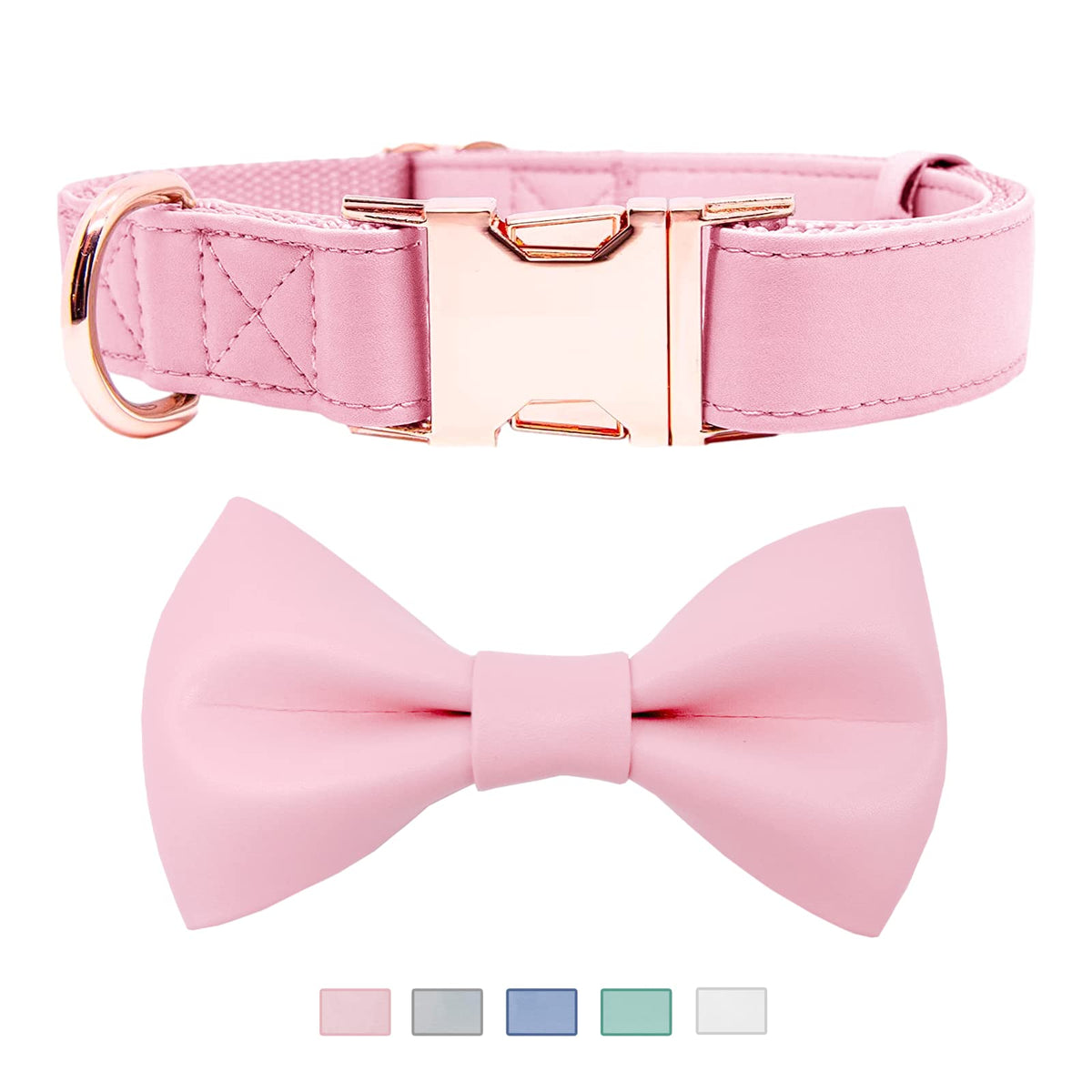 Soft Leather Bowtie Dog Collar - Adjustable Cute Bow Tie Collar [Easy To Clean] With Stylish Rose Gold Heavy Duty Metal Buckle For Small Medium Large Dogs Pink S