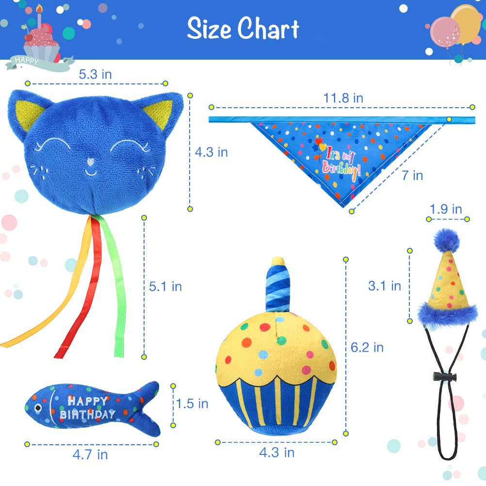 Bingpet Cat Birthday Catnip Toys For Indoor Cats,Cat Birthday Hat,Bandana And Cat Birthday Cake Interactive Plush Kitten Chew To