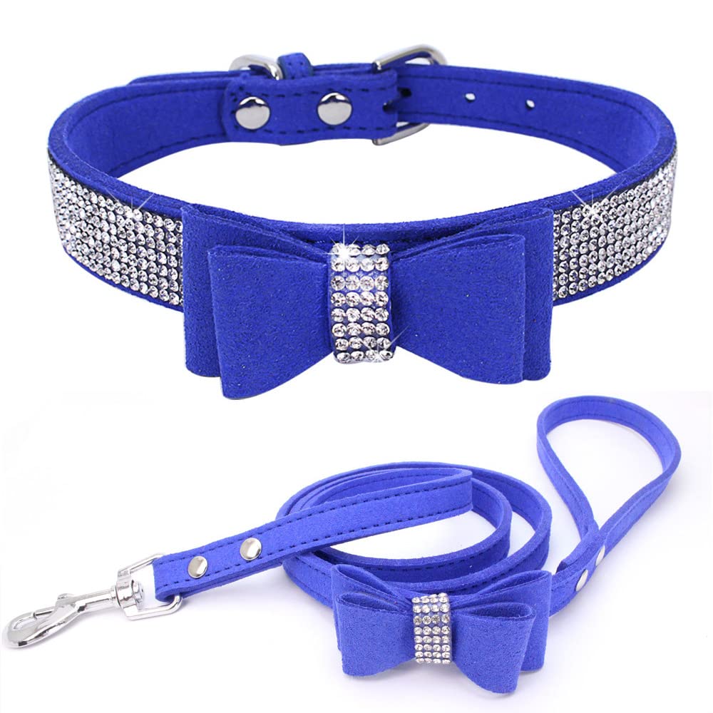 Bow Tie Dog Collar And Leash Set, Bling Rhinestone Puppy Collars Bowtie Crystal Diamond For Xxs Xs Small Medium Large Dogs Pet Boy Kitten Girl Cat, Blue Xsmall