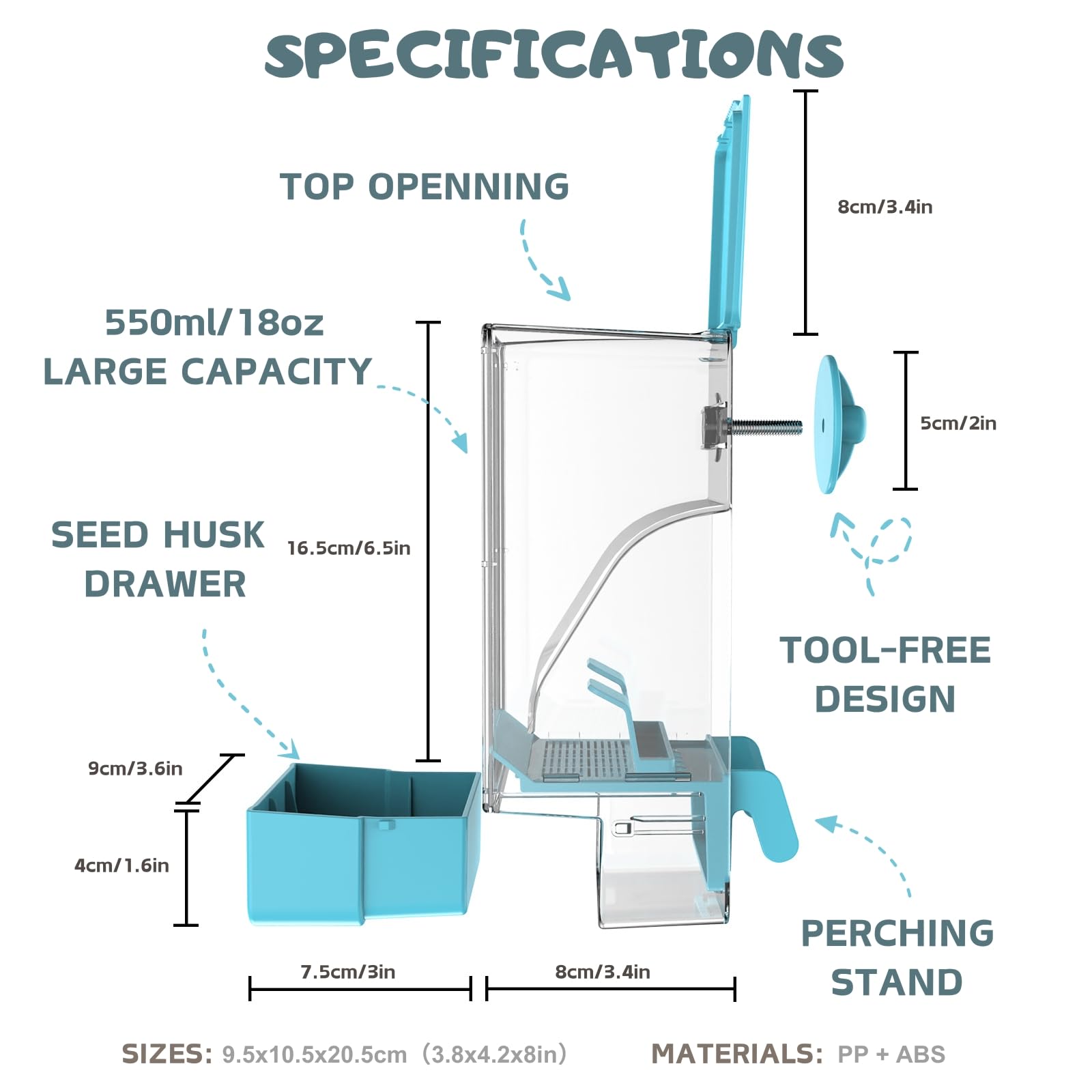 Automatic Bird Feeder, Bird Cage Feeder with Perch for Parakeet Canary Cockatiel Finch (Blue)