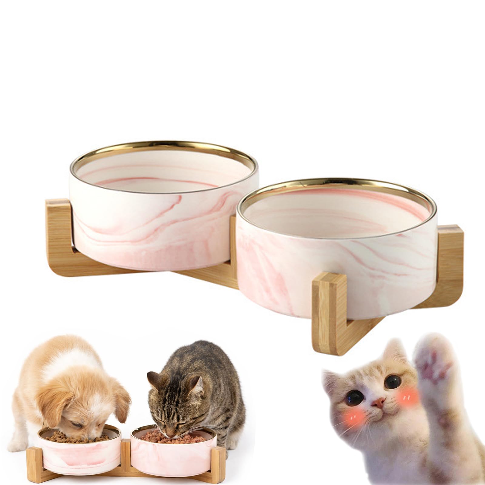 Ceramic Dog and Cat Bowl with Stand, Modern Stone-Effect Ceramic Dog Bowls with Bamboo Stand Non-Slip for Small Medium Dogs, Mod
