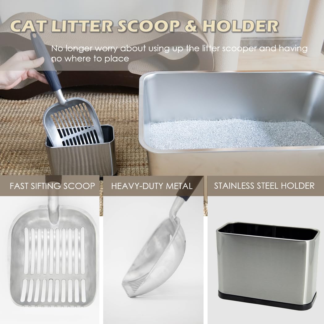 Vitisyao Multicat Metal Cat Litter Scoop With Holder, Stainless Steel Cat Litter Scooper Holder Trash Container, Aluminium Cat S