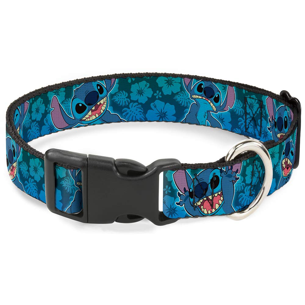 Buckle-Down Plastic Clip Collar - Stitch Expressions/Hibiscus Collage Green-Blue Fade - 1' Wide - Fits 15-26' Neck - Large