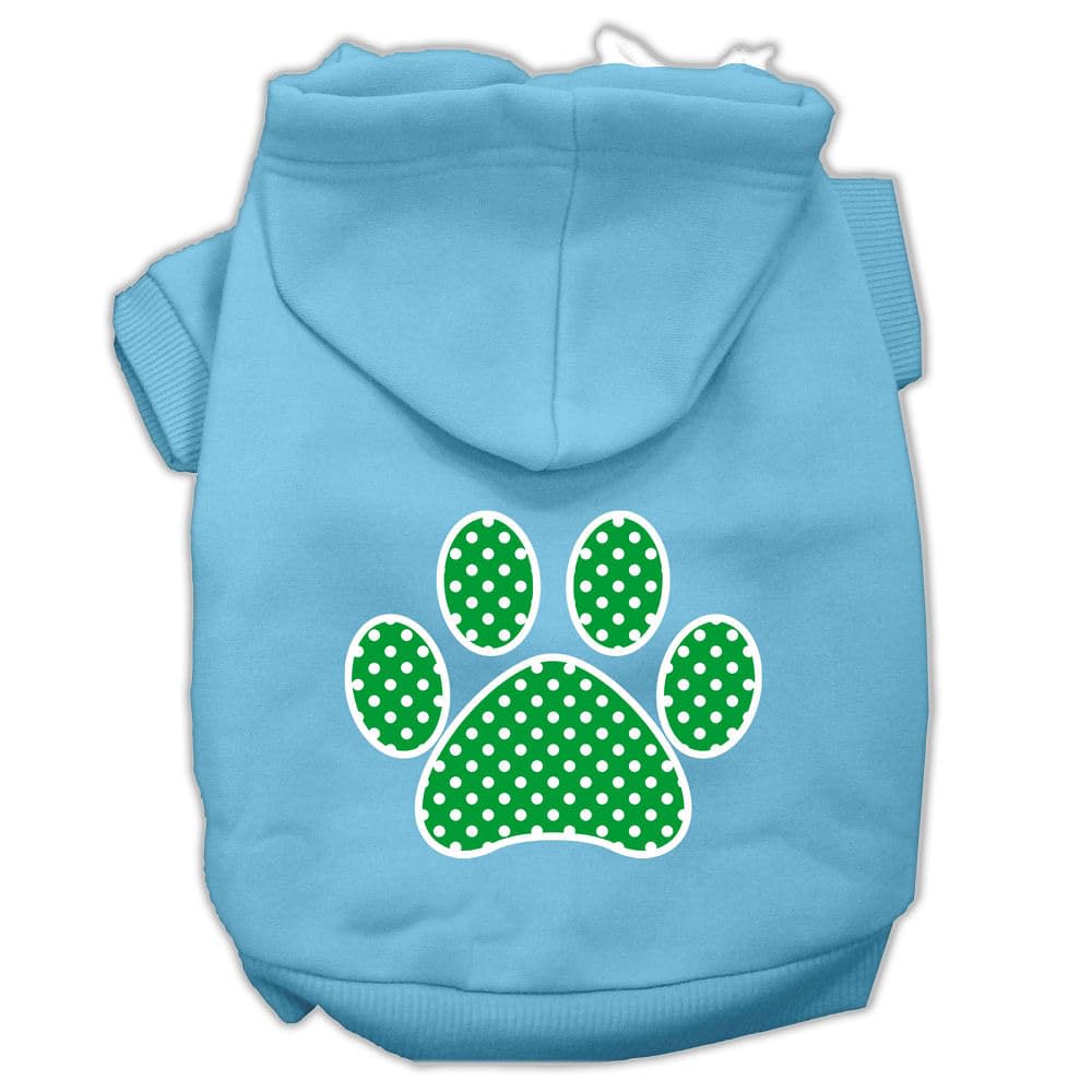 Pet Dog & Cat Hoodie Screen Printed, 'Green Swiss Dots Paw' Baby Blue Md (6-10 Lbs.)