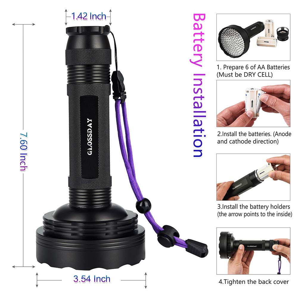 Glossday Blacklight Flashlight,128 Led Uv Flashlights, Upgraded Bright Ultraviolet Flashlight Professional Black Light For Dog/Cat, Hunting Scorpions
