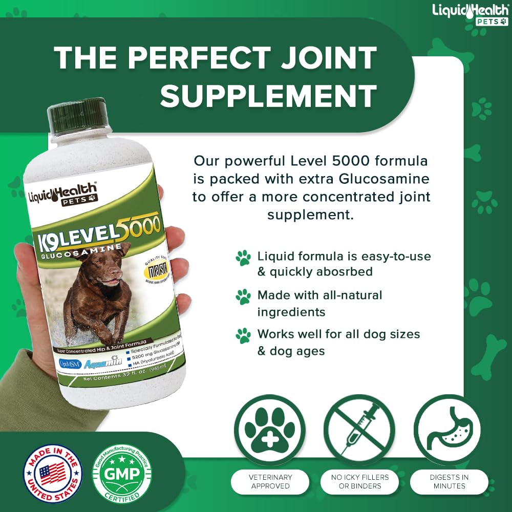 LIQUIDHEALTH Pets K9 Liquid Glucosamine Level 5000 for Large Breeds with Chondroitin, MSM - Pet Joint Health Supplements, Dog Vi