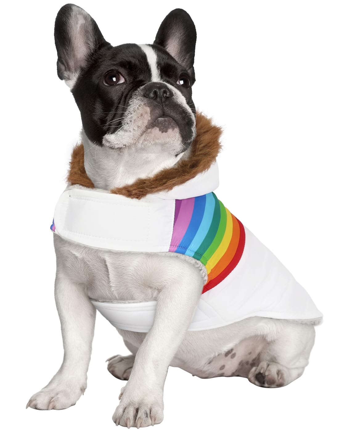 Hde Dog Puffer Jacket Fleece Lined Warm Dog Parka Winter Coat With Harness Hole White Rainbow Stripe - M