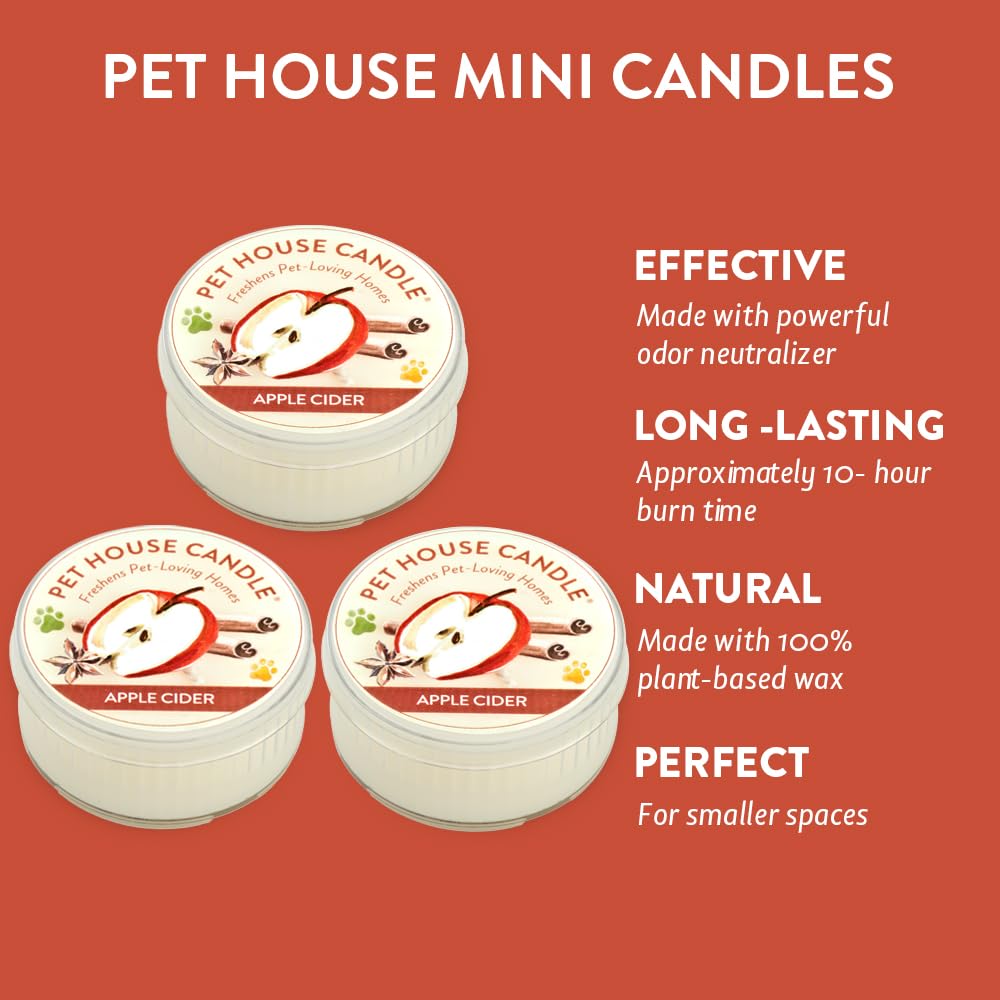 One Fur All Apple Cider Pet Odor Eliminating Mini Candle - 3 Pack - Natural Wax, Non-Toxic, Scented, 8-10 Hours Burn Time - Made