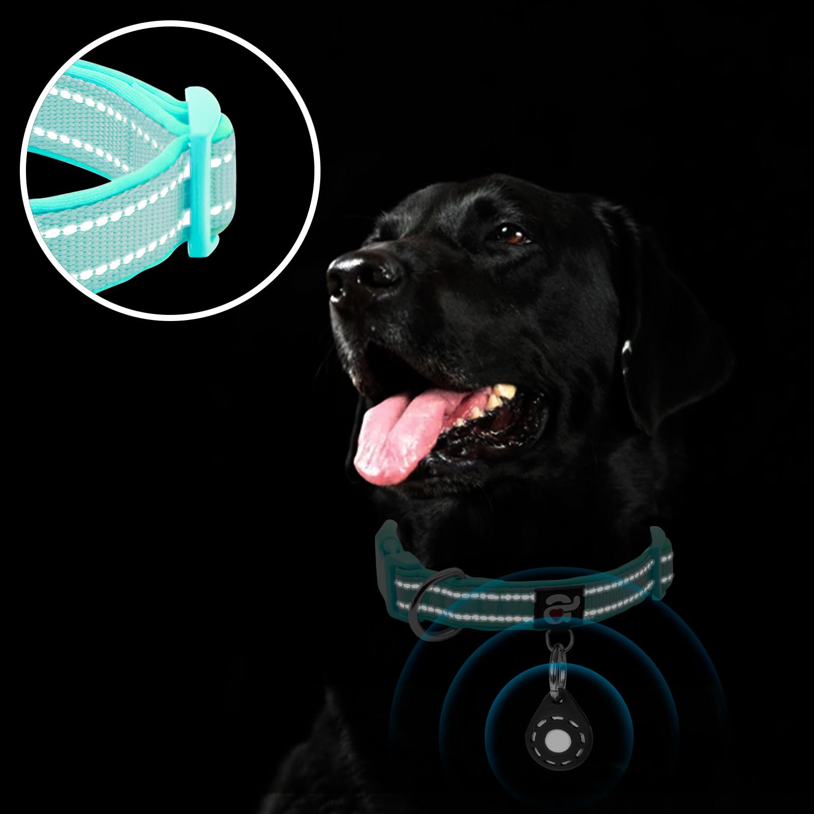 Azuza Reflective Dog Collar With Airtag Holder, Soft Neoprene Padded Pet Collar With Id Tag Ring, Adjustable For Large Dogs,Teal
