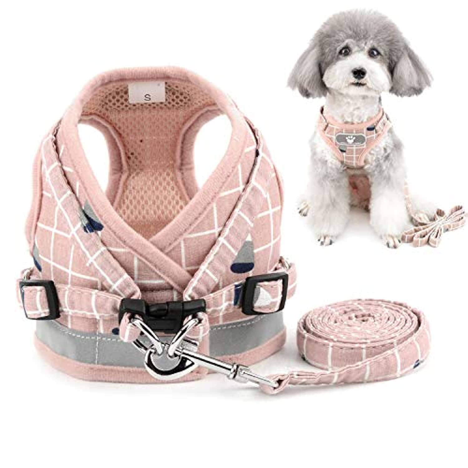 Zunea No Pull Small Dog Harness And Leash Set Adjustable Reflective Step-In Chihuahua Vest Harnesses Mesh Padded Plaid Escape Proof Walking Puppy Jacket For Boy Girl Pet Dogs Cats Pink L