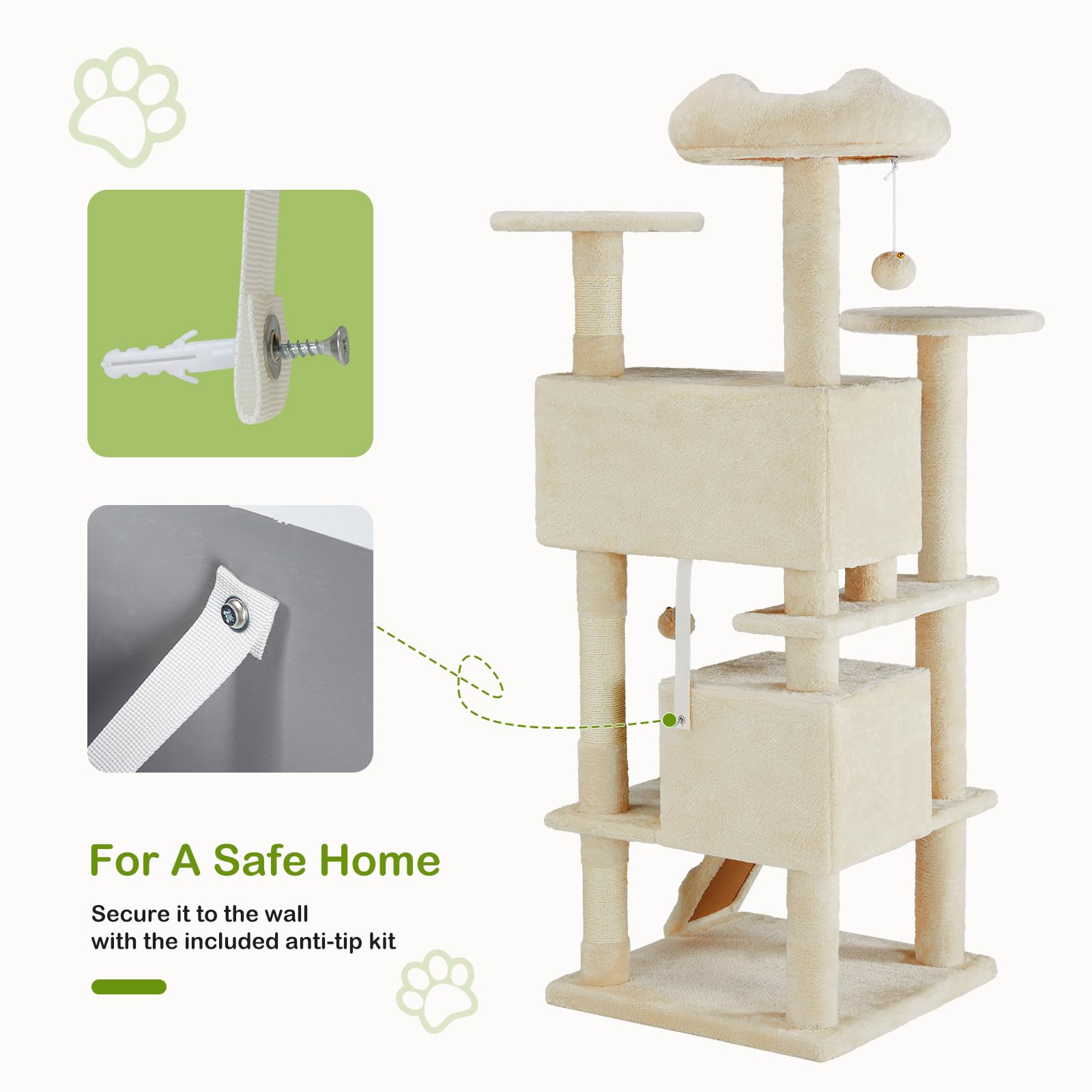 Dumos 54-Inch Indoor Cat Tree Tower -Multi-Level Pet House For Large Cats With 2 Condos, Scratching Posts, Round Platform, Small