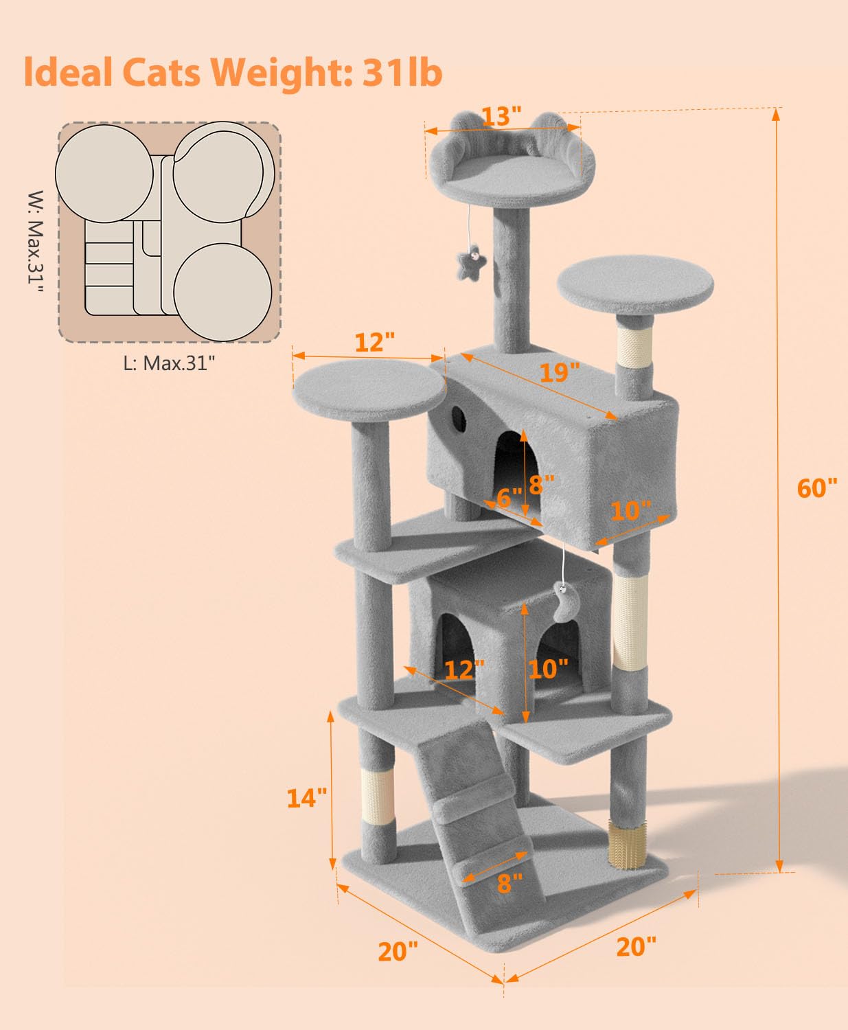 Os Motor 60' Cat Tree Tower For Indoor Cats Large Adult,Cute/Tall Modern Cat Tree For Big Cats 20 Lbs,Plush Multi-Level Cat Con