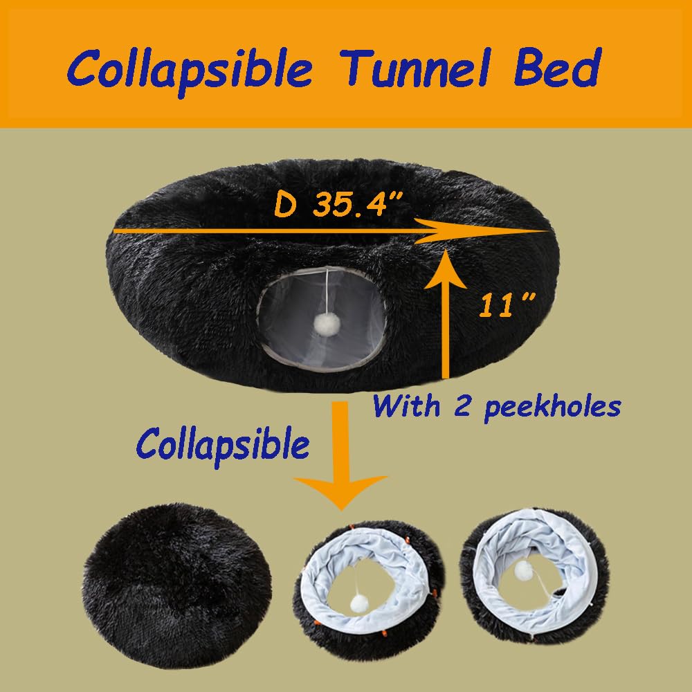 Mabaytir Cat Tunnel Bed For Indoor Cats Black Plush, Collapsible Play Tube With Removable Cushion, Sturdy Cat Toy Playhouse, Sof